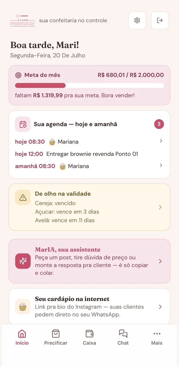 Tela inicial do aplicativo da Massucar na conta da Mari