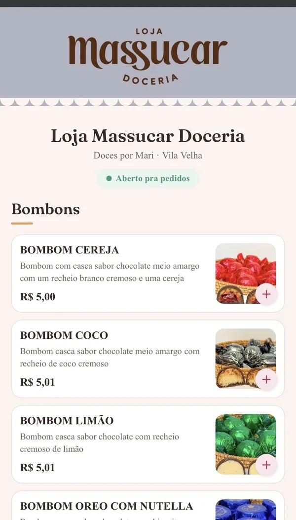 Loja Massucar Doceria, o cardápio digital da Mari