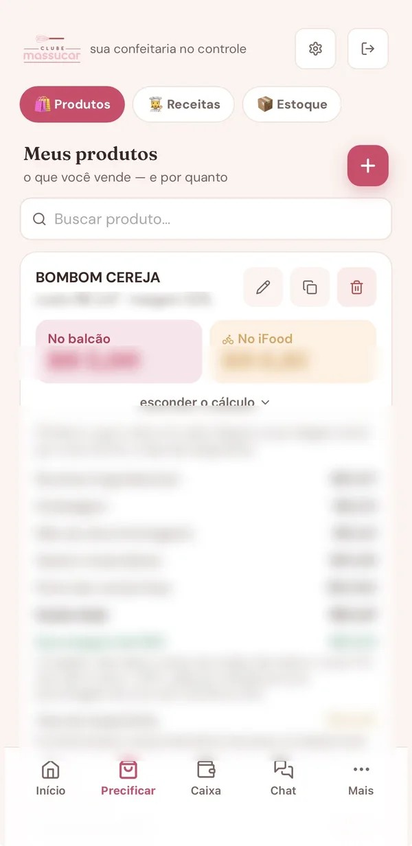Tela de precificação do app na conta da Mari, com preço de balcão e iFood
